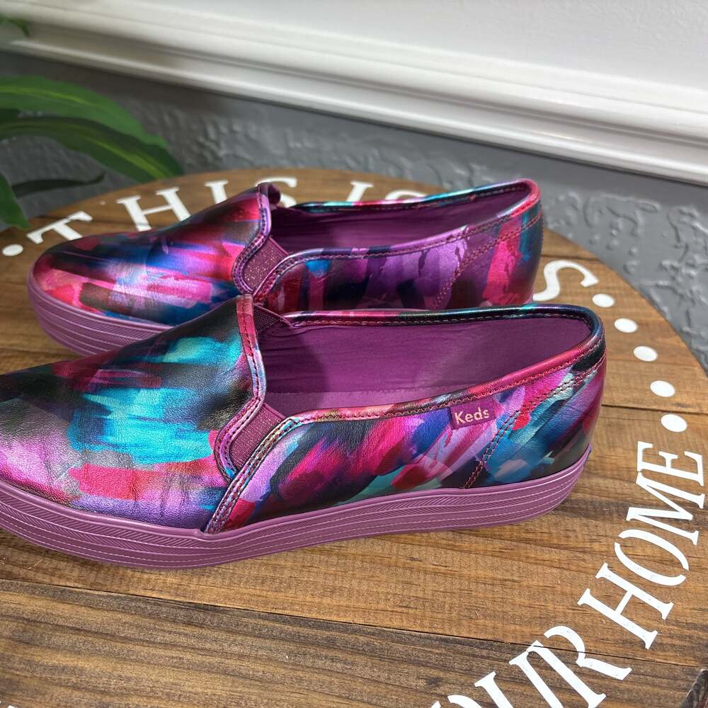 Keds Slip-On Sneakers in Magenta, Teal & Blue Brushstroke Print - Picture 4 of 12